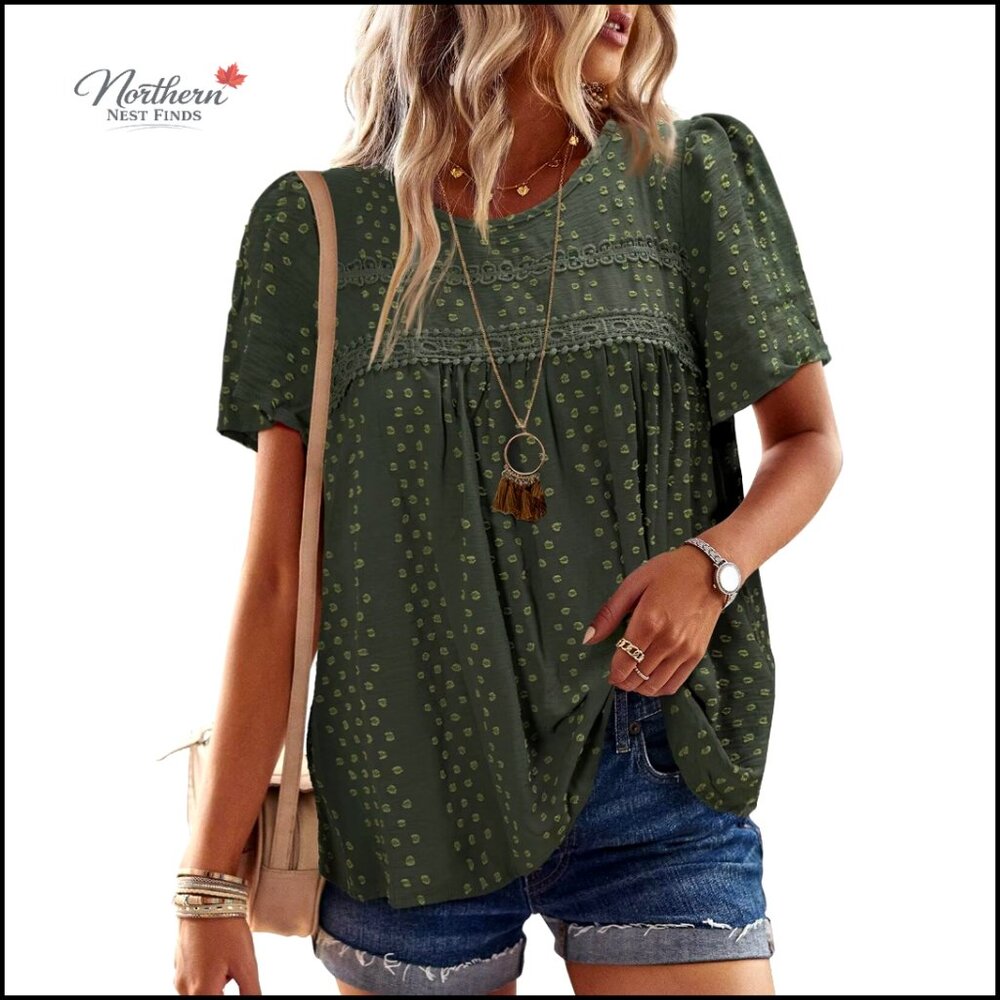 Crochet Lace Hem Crewneck Short Sleeve Chiffon Blouse